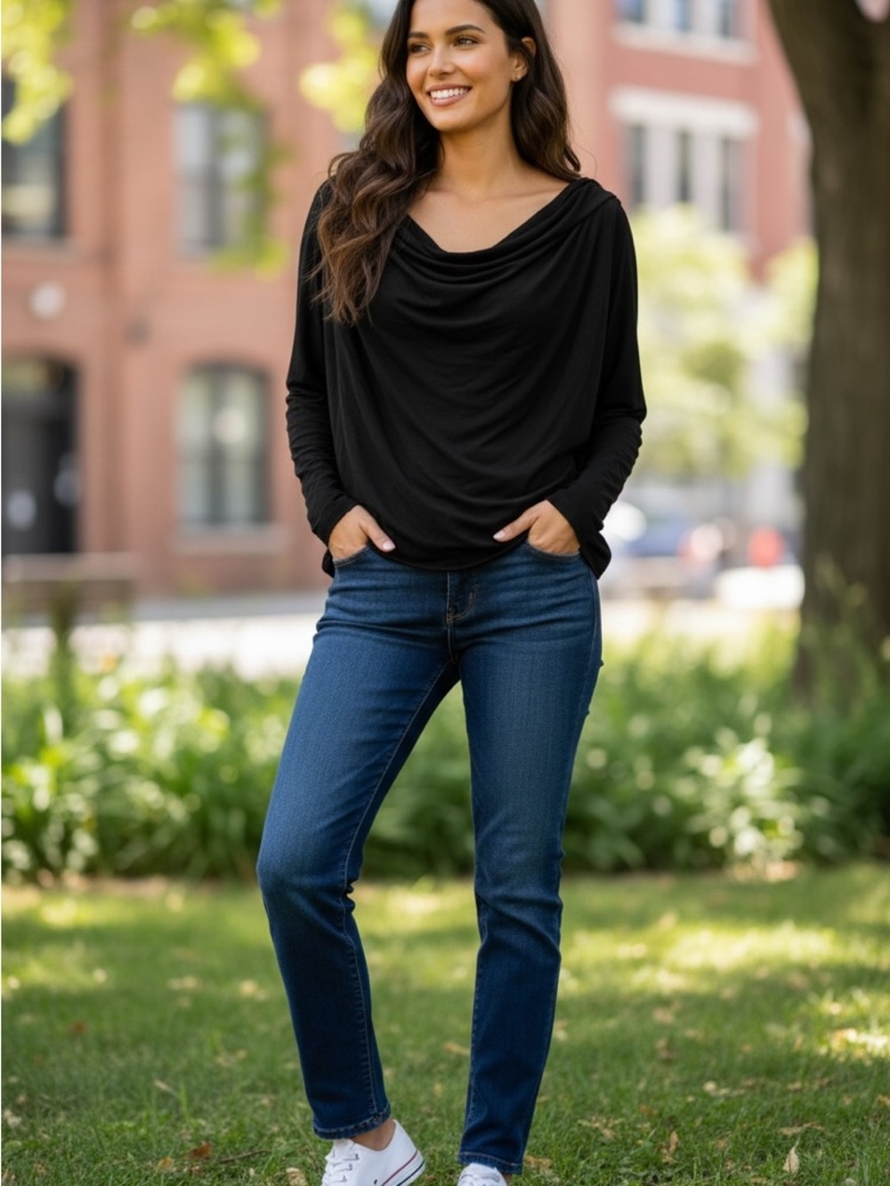 Three Dots Black Draped Long Sleeve Tee NWT Size Small